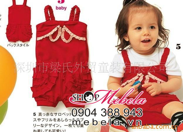 BG13 Bộ quần yếm đỏ kèm áo phông trắng xinh xắn cho bé gái 1-3 tuổi