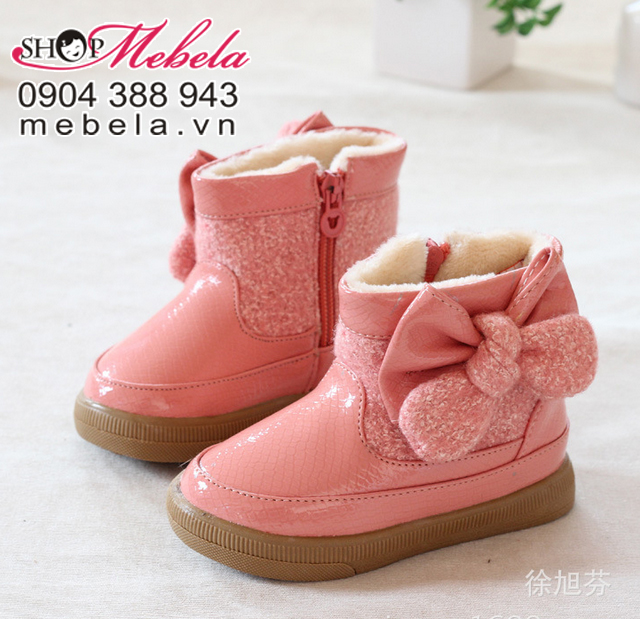 B07 Boots da hồng lót lông gắn nơ cực yêu, chất mềm đẹp cho bé gái size 21 đến 25