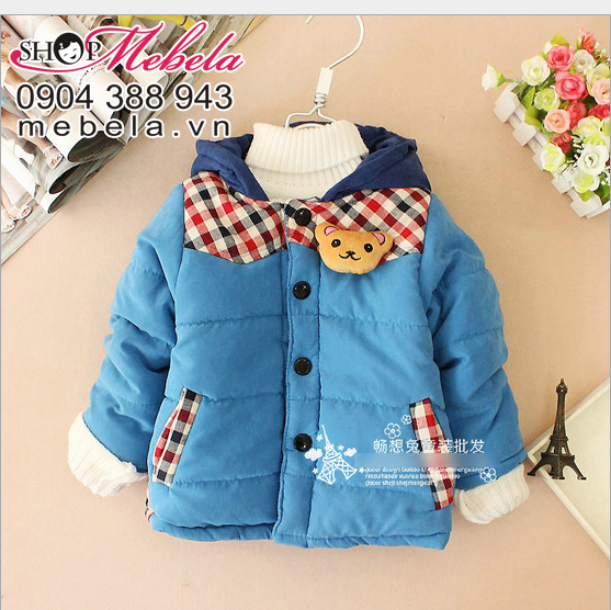 KT19 Áo khoác bé trai pha kẻ caro lót lông hình gấu nâu xinh xắn chất mềm ấm10-18 cân