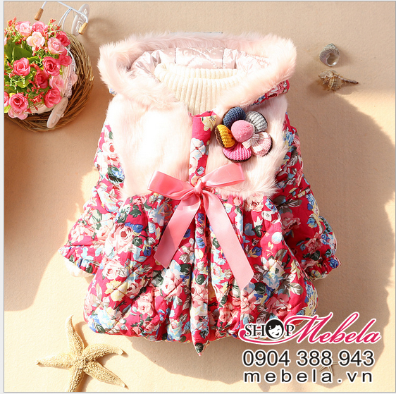 KG43 Áo khoác hoa lót bông cài hoa xinh xắn dễ thương cho bé gái 10-14 kg