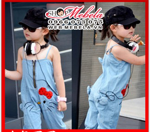 QG13 Quần yếm hình Hello kitty ngộ nghĩnh chất vải cotton giả bò mỏng mát cho bé 2-6 tuổi