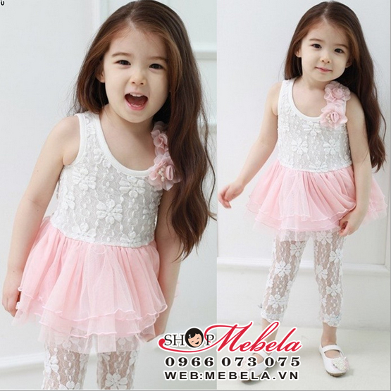 V90 Bộ set 2 gồm váy ren gắn hoa vai và quần legging pha ren phía dưới cho bé 2-6 tuổi