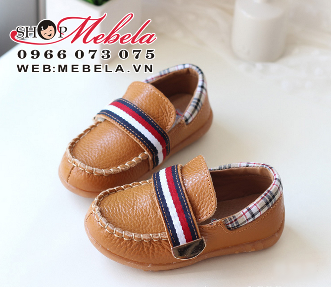 G22 Giầy lười bé trai nâu vàng pha kẻ burberry chất da thuộc cực mềm size 21-25 (1-3 tuổi)