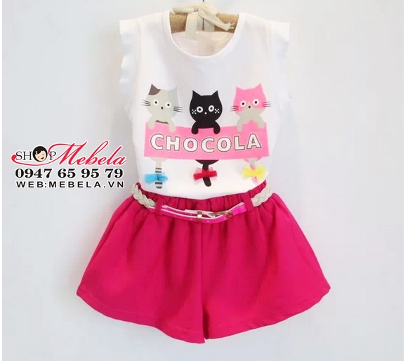 BG84 Váy bộ cho bé gái 3 mèo Chocola gồm áo sát nách + quần sooc + thắt lưng size 2 đến 6 tuổi