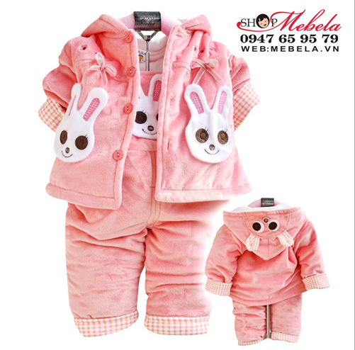 BG503 Bộ yếm nhung thỏ hồng 3 lớp cho bé 8 đến 12 cân (6tháng đến 2 tuổi) gồm quần yếm và áo khoác