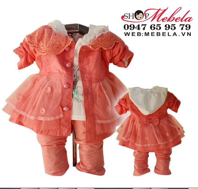 BG516 Bộ bé gái set 3 gồm áo khoác gió dáng váy, áo nỉ liền mũ và quần size 10 -12kg (khoảng 1,2 tuổi)
