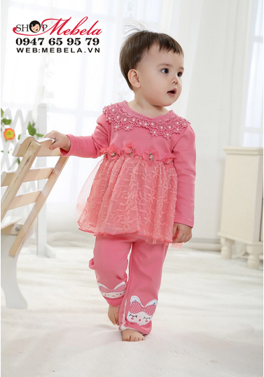 BG519 Bộ áo váy cổ ren công chúa kèm quần thun dài hình thỏ cho bé gái 8,10,12 kg (khoảng 9th,1,2 tuổi)