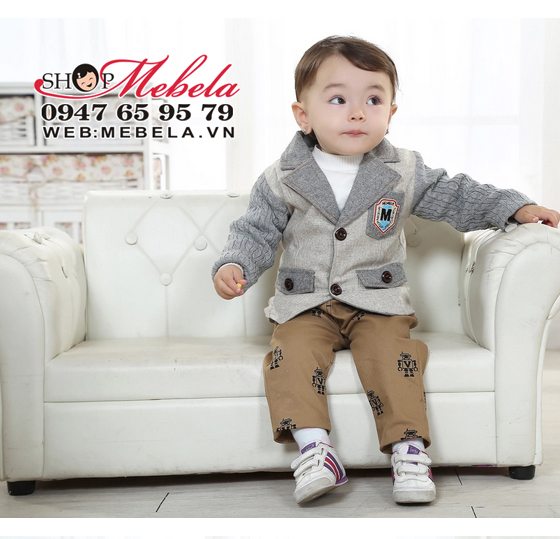 BT543 Bộ vest bé trai màu ghi xám chất dạ mềm 2 lớpkèm quần kaki 9 đến 12 kg (9 đến 24 tháng)
