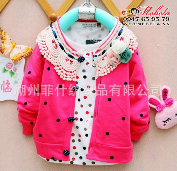 KG13 Áo khoác nỉ bé gái màu hồng nhung chấm bi 3 hoa khoảng 9,11,13 kg (7 tháng đến 2, 5 tuổi)
