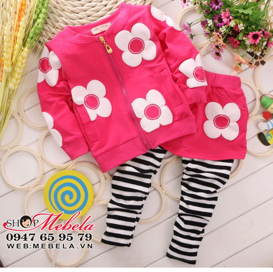 BG520 Bộ nỉ bé gái gồm áo khoác kèm quần liền váy hình hoa to size 11 đến 17kg (khoảng 18tháng đến 4 tuổi)