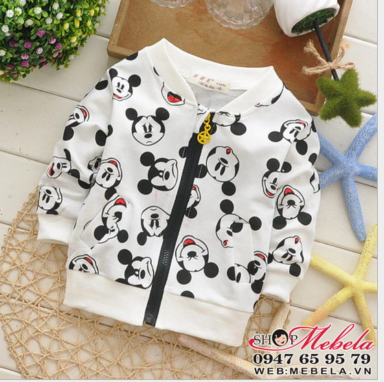 KT39 Áo khoác nỉ bé trai màu trắng hình chuột Mickey 10 đến 16 cân (1 đến 3,5 tuổi)