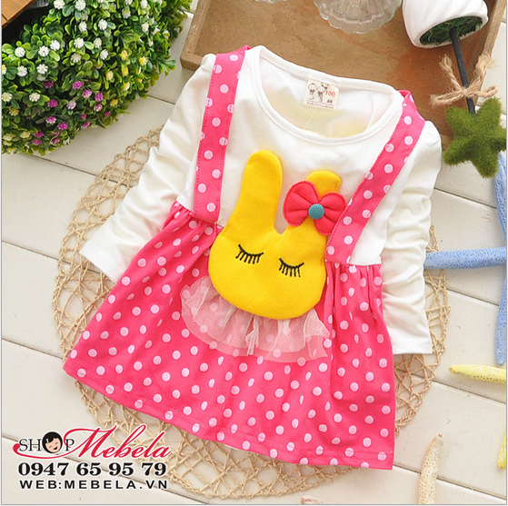 V534 Váy dài tay giả yếm thỏ vàng chân váy hồng chấm bi xinh xắn cho bé 7 đến 13kg (khoảng 6 tháng đến 2,5 tuổi)