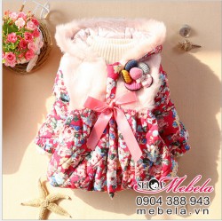 KG43 Áo khoác hoa lót bông cài hoa xinh xắn dễ thương cho bé gái 10-14 kg
