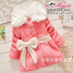 KG50 Áo khoác dạ bé gái cổ lông trang trí nơ xinh xắn lót bông mỏng ở giữa 12-18 cân (cổ áo có thế tháo rời)