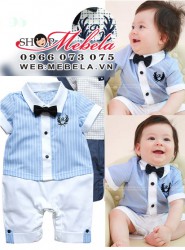 BD29 Áo liền quần body áo xanh lơ gắn nơ kẻ quần trắng xinh xắn lịch sự cho bé 10 -12-14 cân