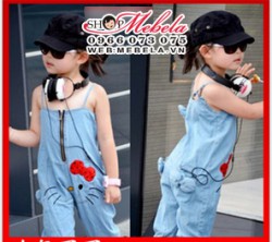QG13 Quần yếm hình Hello kitty ngộ nghĩnh chất vải cotton giả bò mỏng mát cho bé 2-6 tuổi