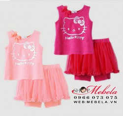 V84 Váy Hello Kitty gồm áo 3 lỗ và quần liền váy chất thun cotton mỏng mát cho bé 12-14-16 cân