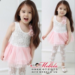 V90 Bộ set 2 gồm váy ren gắn hoa vai và quần legging pha ren phía dưới cho bé 2-6 tuổi