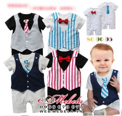 BD41 Bộ áo liền quần gồm 4 sp: body trắng, áo gile mặc được 2 mặt, cà vạt, nơ tháo rời cho bé 10-12-14 cân