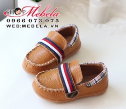 G22 Giầy lười bé trai nâu vàng pha kẻ burberry chất da thuộc cực mềm size 21-25 (1-3 tuổi)