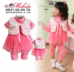BG518 Bộ bé gái set 3 gồm áo váy, áo khoác gile, quần thun dài size 10 đến 12 kg (khoảng 1,2 tuổi)