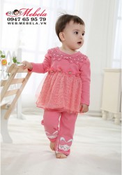 BG519 Bộ áo váy cổ ren công chúa kèm quần thun dài hình thỏ cho bé gái 8,10,12 kg (khoảng 9th,1,2 tuổi)