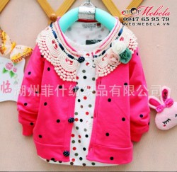 KG13 Áo khoác nỉ bé gái màu hồng nhung chấm bi 3 hoa khoảng 9,11,13 kg (7 tháng đến 2, 5 tuổi)