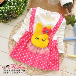 V534 Váy dài tay giả yếm thỏ vàng chân váy hồng chấm bi xinh xắn cho bé 7 đến 13kg (khoảng 6 tháng đến 2,5 tuổi)