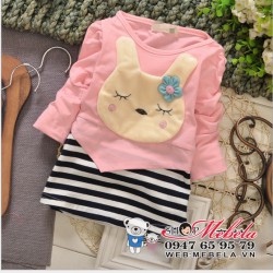 V535 Váy bé gái dài tay thỏ hồng chân kẻ ngang 8 đến 14kg (khoảng 6 tháng 3 tuổi)