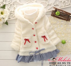 KG75 Áo khoác lông trắng nơ đỏ liền mũ cho bé gái 12,13kg (2,3,uổi) * không kèm áo len cổ lọ bên trong