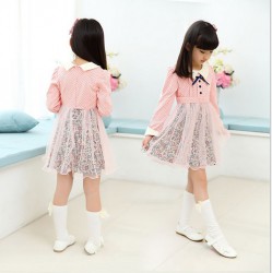 V682 - Váy dài tay hồng chấm bi chân ren hoa cho bé 13kg - 28kg; 3t - 8t; sz 120 - 160
