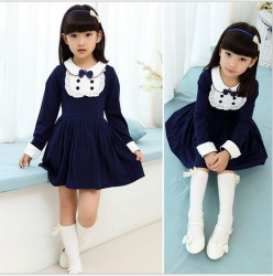 V681 - Váy dài tay xanh đen nơ cổ phong cách Hàn Quốc cho bé 15kg - 25kg; 3T - 7T; sz 120 - 160