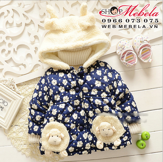 KG114 Áo khoác liền mũ cừu, nền hoa xinh xắn 12 đến 15kg(2,3tuỏi)