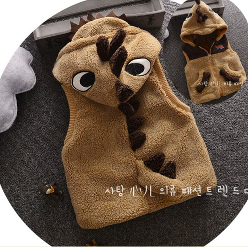 KT134 - Áo khoác gile lông nâu hình khủng long cho bé 12kg - 18kg; 2t - 5t; sz L - XXXL