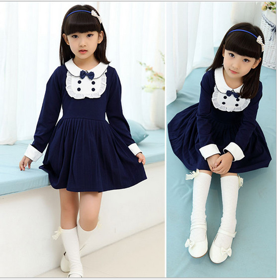 V681 - Váy dài tay xanh đen nơ cổ phong cách Hàn Quốc cho bé 15kg - 25kg; 3T - 7T; sz 120 - 160