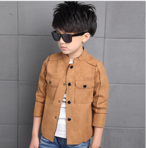 KT130 - Áo khoác bé trai da lộn màu nâu 2 túi cho bé 28kg - 40kg; 8T - 12T; sz 140 - 160