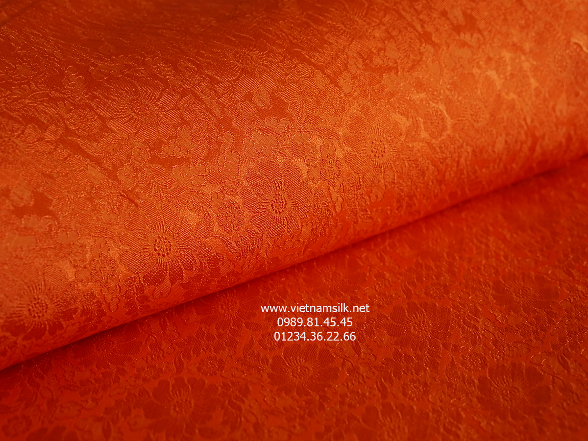 Vải may áo dài lụa tơ tằm họa tiết hoa cúc màu cam (VL.C124)