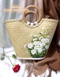 Túi cói quai gỗ vẽ tay cúc họa mi