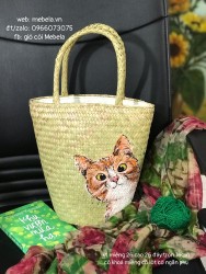 Túi cói dáng trụ vẽ mèo xinh 