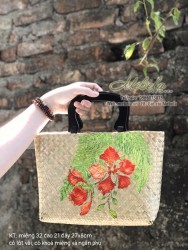 Túi cói chữ nhật quai gỗ vẽ hoa Phượng đỏ