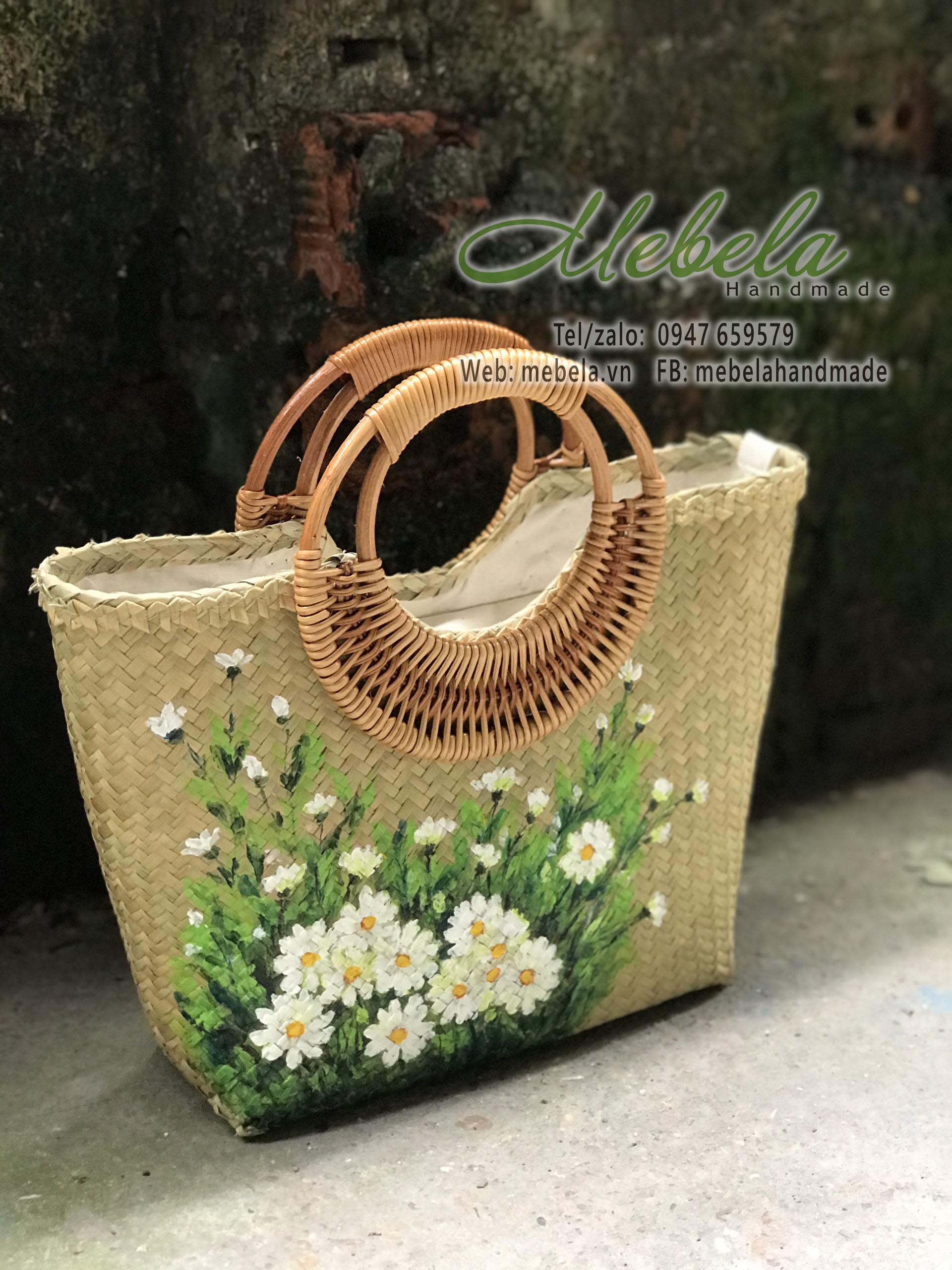 Túi cói quai mây vẽ tay cúc họa mi cỡ to