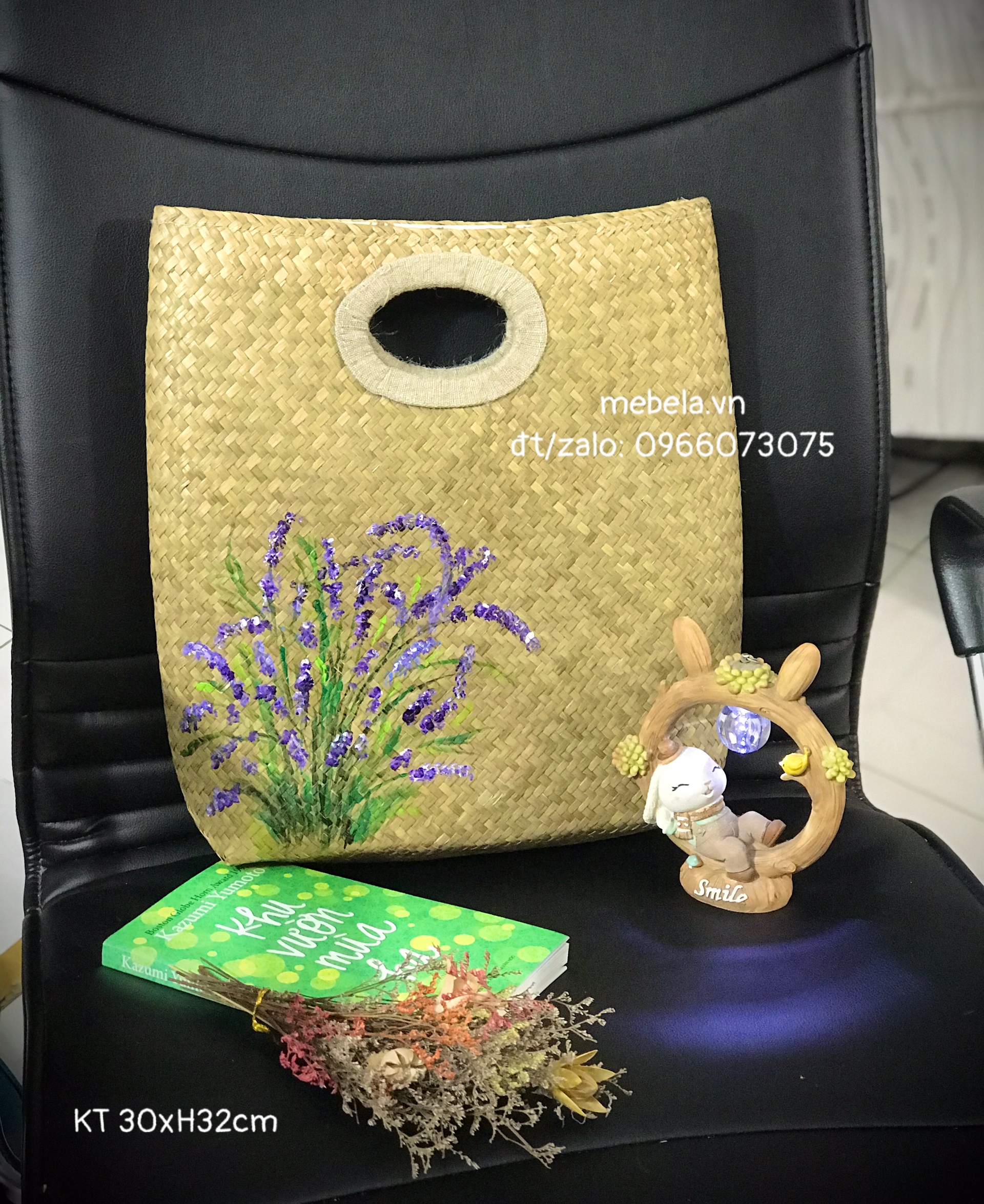 Giỏ cỏ bàng chữ nhật vẽ hoa Lavender tím xinh xắn