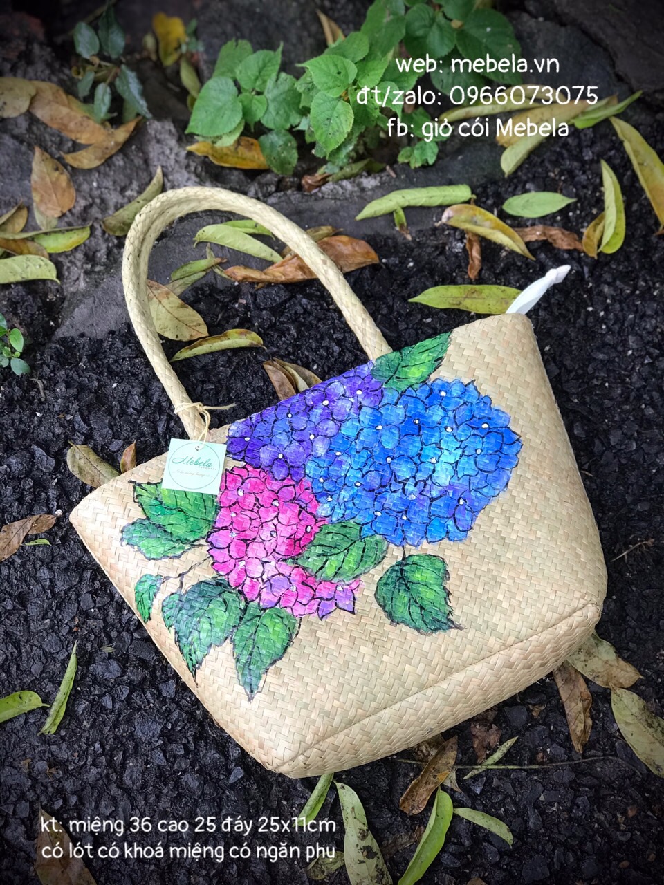 Túi cỏ bàng vẽ tay hoa cẩm tú cầu ( mẫu 2)