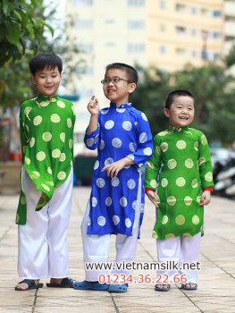 Áo dài cho bé trai gấm Thái Tuấn màu xanh nước biển AT34