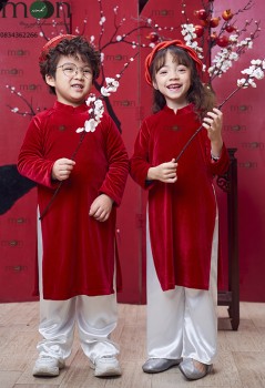 VNS 342 - Áo dài nhung truyền thống bé trai và bé gái màu đỏ