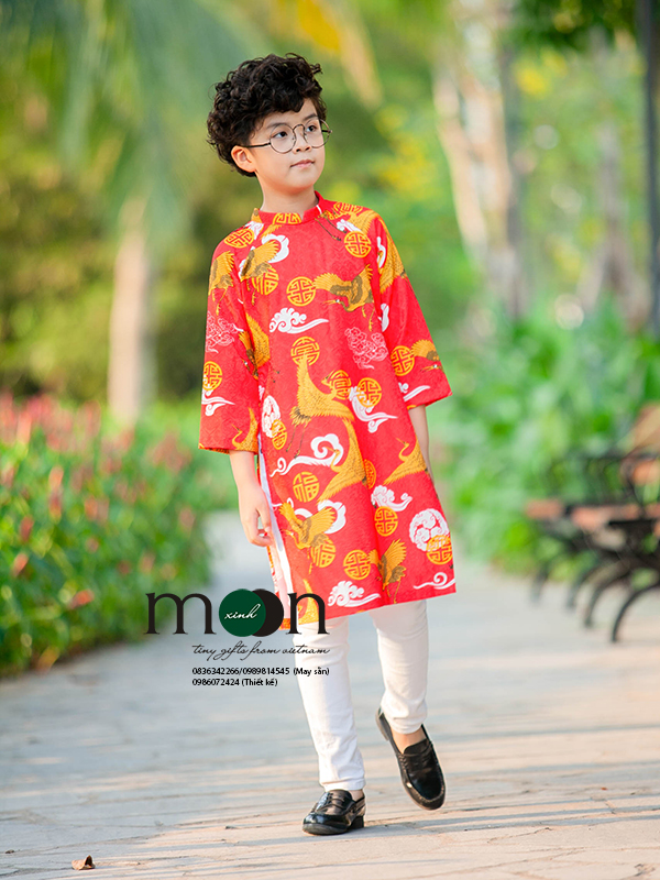Áo dài gấm Thượng Hải bé trai VNS 293 Họa tiết chim hạc màu đỏ