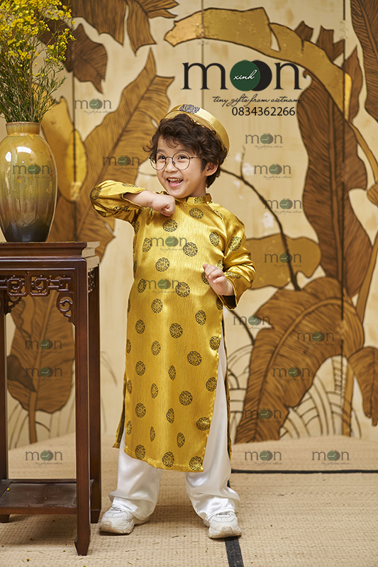 VNS 336 - Áo dài truyền thống bé trai gấm dệt mặt lụa mềm màu vàng đồng