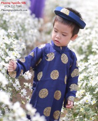 Áo dài truyền thống gấm Thái Tuấn màu xanh than cho bé trai