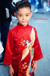 Áo dài vẽ chim phượng màu đỏ cho bé trai