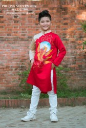 Áo dài trẻ em Phương Nguyễn Silk - Áo dài cách tân cho bé trai - Mẫu Phi Đỏ Phối Đồng Vẽ Cá Mặt Trăng